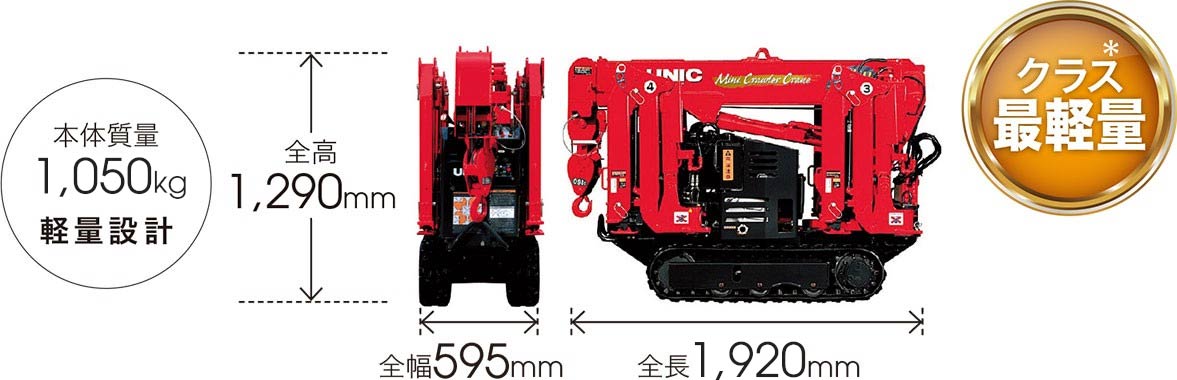 つり上げ荷重1t未満クラス最短・最狭・最軽量！